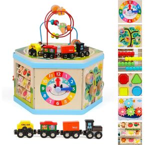 Wooden Activity Cube 9-in-1 Montessori Toys for 1+ Year Old Boys Girls Educational Learning Toys for Toddlers Age 1-2 One Year Old First Birthday Gift Bead Maze Magnetic Trains Track Shape Sorter