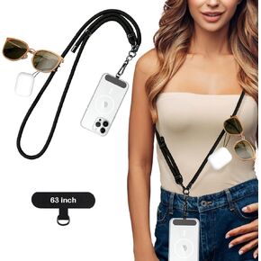 63in Extra Long Universal Phone Lanyard - Adjustable Crossbody Nylon Cell Phone Strap - Detachable Strap Around the Neck Multifunctional with Tether Tabs for Most Smartphones, Men and Women, Black