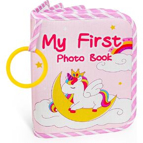 Baby Photo Album First Family Memory Book for Newborns, Toddlers Soft Photo Cloth Book with Mirror, Quality Gifts for Baby Girls and Boys, 1st Birthday, Baby Shower, Thank You Gift (Pink unicorn)
