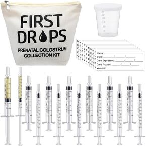 Geiserailie 100 Set Colostrum Collector Kit Include 100 1ml /3ml Sterile Sealed Breast Milk Collector No Needle Colostrum Syringes 100 Stickers 1 Measuring Cup Colostrum Collection 1 White Canvas Bag