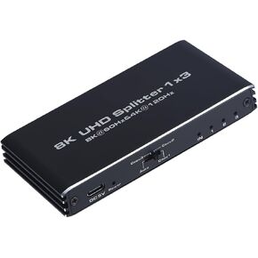 8K@60Hz HDMI Splitter 1 in 3 Out, 1x3 HDMI 2.1 Splitter Support 4K@120Hz, 1080P@240Hz VRR HDCP2.3 HDR HDR10 48Gbps EDID Dolby Atmos 7.1ch, Only Duplicate/Mirror Screens Not Extend