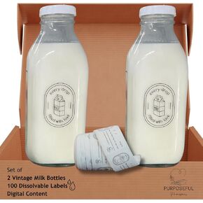 Breast Milk Pitcher Set - Breast milk Storage Containers for Fridge w/labels - Breastmilk Pitcher bottles - Vintage 32 oz Breastmilk Jug - Glass Pitcher for Breastmilk-Dishwasher Safe Formula Pitcher