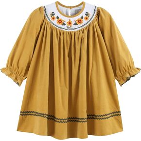 Lil cactus Gold Corduroy Sunflower Smocked Bishop Dress