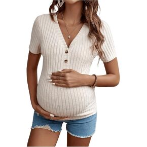 WDIRARA Women's Rib Knitted Half Button Down Textured Maternity T Shirts V Neck Short Sleeve Tee Tops
