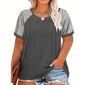 Plus Size Casual T-Shirt Tops for Women Summer Raglan Color Block Short Sleeve Round Neck Slight Stretch Loose Fit Tee