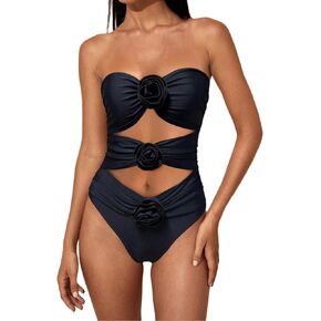 Women's 3D Rose Floral Appliques Swimsuit Sexy Cutout Strapless Bandeau Bathing Suit Elegant Monokini Beachwear
