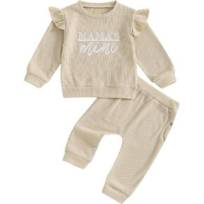 Newborn Baby Girl Fall Winter Waffle Outfit Clothes Ruffle Long Sleeve Mama Mini Sweatshirt Pants Sweatsuits