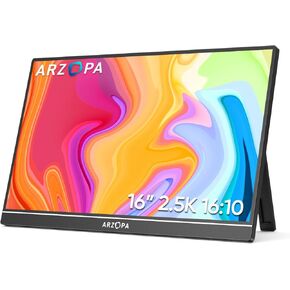 ARZOPA 16" 2.5K Portable Monitor, 2560x1600 QHD IPS Display 123% sRGB with Built-in Stand USB-C HDMI Eye Care External Second Screen for Mac Laptop Phone PS4/5 Xbox Switch -Z1RC