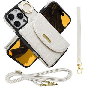 Crossbody Wallet Case for iPhone 16 Pro Max with Detachable Wrist Strap, RFID Blocking 4 Card Holder Purse, PU Leather Shockproof, Ring Holder Kickstand for Women - 6.9", (White)