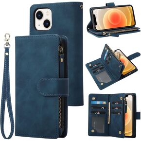 RANYOK Wallet Case Compatible with iPhone 13 (6.1 inch), Premium PU Leather Zipper Flip Folio Wallet RFID Blocking with Wrist Strap Magnetic Closure Built-in Kickstand Protective Case (Blue)