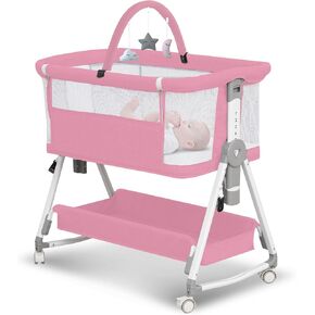 Baby Bassinet,3 in 1 Bedside Bassinet for Baby with Hanging Toys,Foldable Baby Bassinets Bedside Sleeper,4-Sided Mesh Bedside Crib with Wheels and Storage Basket,7 Height Adjustable (Light Grey)