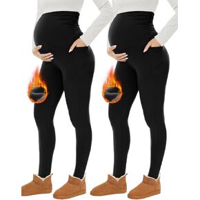 Fotociti Fleece Lined Maternity Leggings with Pockets Over The Belly,Pregnancy Thermal Warm Workout Yoga Pants