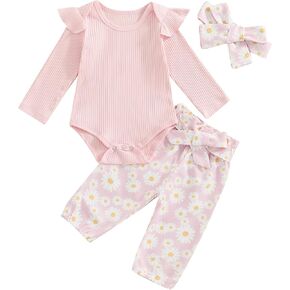 Infant Baby Girl Fall Clothes Long Sleeve Ruffled Rib Knit Romper Daisy Floral Pants Headband 3Pcs Outfit Set