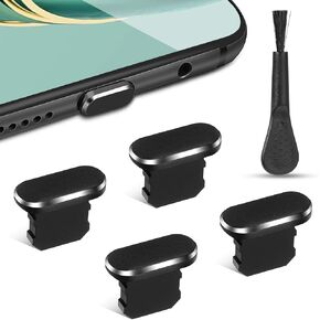 Teaaha 4 Pack Phone Dust Plug Charging Port Anti-Dust Phone Port Plug Cap with Cleaning Brush, Compatible with iPhone 14 Pro Max 13 12 X Xs Xr and Lightning Port Cover Protectors (Black)