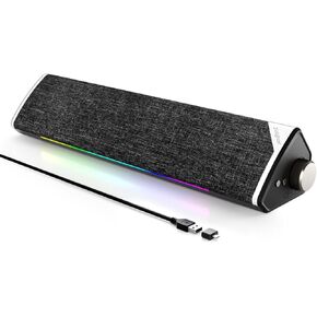 SOULION R60 Bluetooth Computer Speakers, USB Plug-N-Play PC Speakers with LED Dynamic Light, Surround Sound Soundbar Speakers with Rotary Switch for Desktop Laptop (USB-C to USB Adapter Included)
