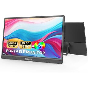 BIGASUO Portable Monitor, 15.6'' FHD 1080P USB-C HDMI Travel Laptop Monitor, HDR IPS Ultra-Slim Gaming Monitor with Kickstand & Speakers, External Monitor for Laptop PC MAC Phone PS4/5 Xbox Switch