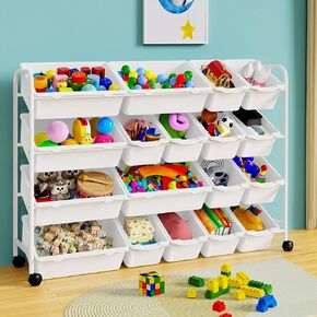 Kids Toy Storage Organizer, 4-Tier Metal Toy Storage Rack with 18 Plastic Bins, Extra Large Toy Organizer and Storage Bins for Kids Room, Playroom and Nursery