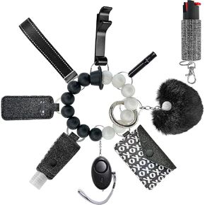 Keychain Set for Women and Girls Includes Beaded Wristlet, Pom Pom, Credit Card Puller and Personal Alarm