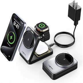3 in 1 Charging Station for Multiple Devices Apple Compatible with Magsafe Charger Stand, 15W Foldable Cube Wireless Charger for 15/14/13/12 Series, Apple Watch, Airpod