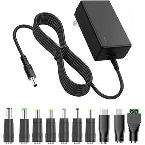 12V 2A Power Supply AC DC Adapter with 10 Tips, Universal DC in 12 Volt 2 Amp Power Cord, Converter Transformer 100-240v, 50/60HZ, 5.5x2.5mm DC Output Jack