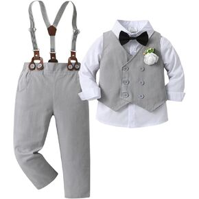 Boarnseorl Baby Boys Pants Sets,Infant Shirt+Pants+Bow Tie+Vest+Suspenders+Boutonniere,Toddler Little Kids Wedding Outfits