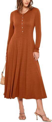 Glamaker Women's 2024 Fall Long Sleeve Midi Dress Casual Crew Neck A line Rib Knit Dress with Pockets in Kuwait