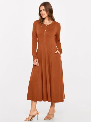 Glamaker Women's 2024 Fall Long Sleeve Midi Dress Casual Crew Neck A line Rib Knit Dress with Pockets in Kuwait