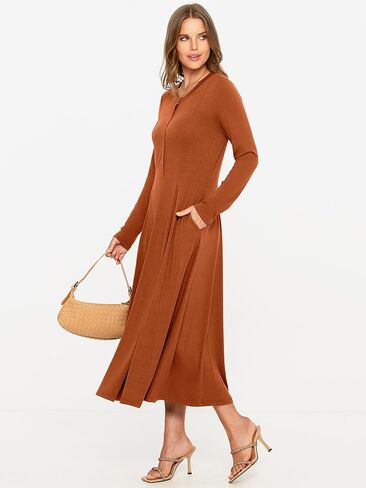Glamaker Women's 2024 Fall Long Sleeve Midi Dress Casual Crew Neck A line Rib Knit Dress with Pockets in Kuwait