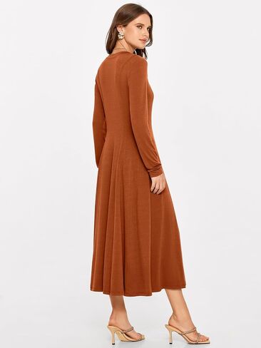 Glamaker Women's 2024 Fall Long Sleeve Midi Dress Casual Crew Neck A line Rib Knit Dress with Pockets in Kuwait