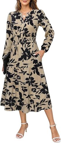 فستان Maggeer النسائي للخريف بخصر مكشكش متوسط ​​الطول مع جيوب زهور بوهو انسيابي لحفلات الزفاف على شكل حرف A وأكمام طويلة in Kuwait