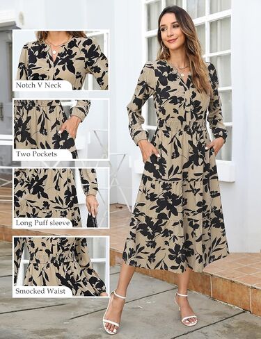 فستان Maggeer النسائي للخريف بخصر مكشكش متوسط ​​الطول مع جيوب زهور بوهو انسيابي لحفلات الزفاف على شكل حرف A وأكمام طويلة in Kuwait