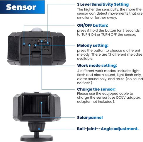 Solar Driveway Alarm Wireless Outside Weatherproof 1/2 Mile Long Range, Outdoor Motion Sensor Detector Alarm Driveway Alert System with Rechargeable Battery/Expandable (1 Sensor &1 Receiver Set) in Saudi Arabia