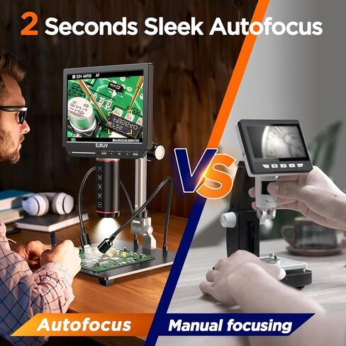 مجهر رقمي Elikliv التركيز التلقائي 4K EM4K-AF، مجهر عملة معدنية 8 بوصات، مجهر HDMI 52 ميجابكسل، مجهر لحام للإصلاح الإلكتروني، مجهر LCD للبالغين، مجهر فيديو UHD، حامل 10 بوصات، 64 جيجا in Kuwait