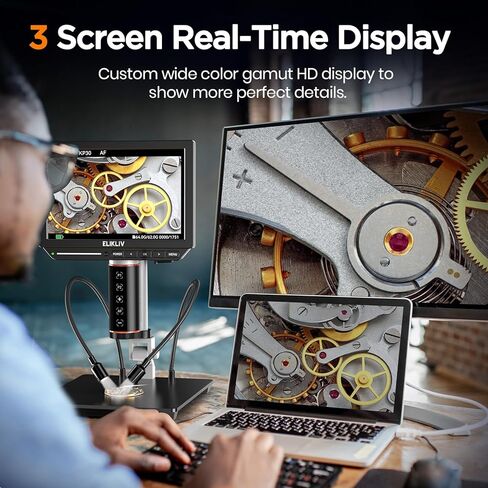 مجهر رقمي Elikliv التركيز التلقائي 4K EM4K-AF، مجهر عملة معدنية 8 بوصات، مجهر HDMI 52 ميجابكسل، مجهر لحام للإصلاح الإلكتروني، مجهر LCD للبالغين، مجهر فيديو UHD، حامل 10 بوصات، 64 جيجا in Kuwait