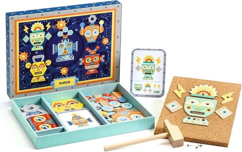 DJECO Tap Tap Robot - Educational Toddler and Baby Toy with 28 Illustrated Wooden Pieces, Nails, Cork Board, Wooden Hammer, and 5 Template Cards - Fun Interactive Learning for Boys & Girls, 4+ Years in Saudi Arabia