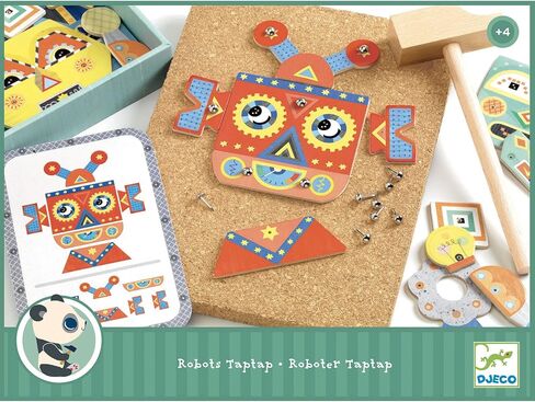 DJECO Tap Tap Robot - Educational Toddler and Baby Toy with 28 Illustrated Wooden Pieces, Nails, Cork Board, Wooden Hammer, and 5 Template Cards - Fun Interactive Learning for Boys & Girls, 4+ Years in Saudi Arabia