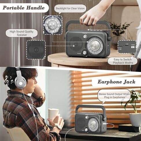 راديو AM FM محمول مع بلوتوث 5.3، راديو قابل لإعادة الشحن بقدرة 2000 مللي أمبير في الساعة مع أفضل استقبال، راديو تشغيل بطاريتين D، بطاقة SD/منفذ USB، مكبر صوت عالي، مقبس سماعة أذن للمنزل، في الهواء الطلق in Kuwait