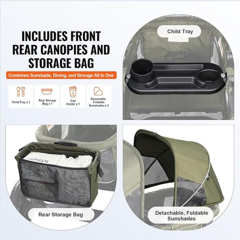 VEVOR All-Terrain Stroller Wagon, 2 Seats Foldable Expedition 2-in-1 Collapsible Wagon Stroller, Includes Canopy, Parent Organizer, Snack Tray & Cup Holders, 55lbs for Single Seat, Olive Green in Saudi Arabia
