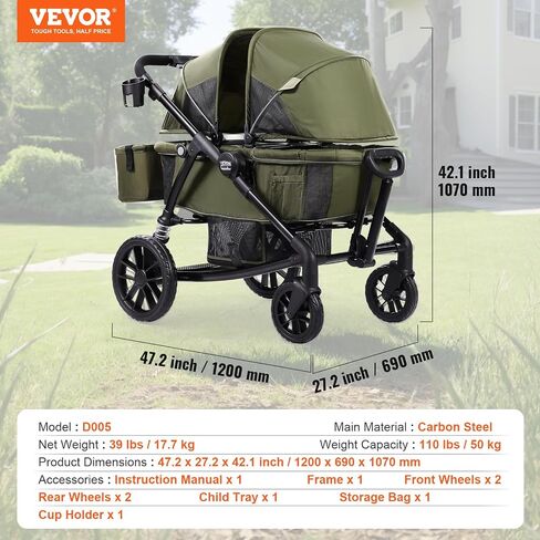 VEVOR All-Terrain Stroller Wagon, 2 Seats Foldable Expedition 2-in-1 Collapsible Wagon Stroller, Includes Canopy, Parent Organizer, Snack Tray & Cup Holders, 55lbs for Single Seat, Olive Green in Saudi Arabia