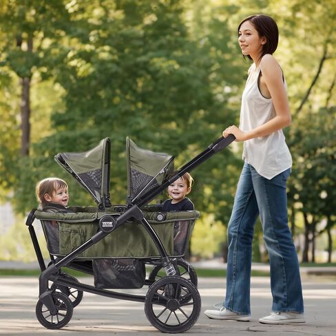 VEVOR All-Terrain Stroller Wagon, 2 Seats Foldable Expedition 2-in-1 Collapsible Wagon Stroller, Includes Canopy, Parent Organizer, Snack Tray & Cup Holders, 55lbs for Single Seat, Olive Green in Saudi Arabia