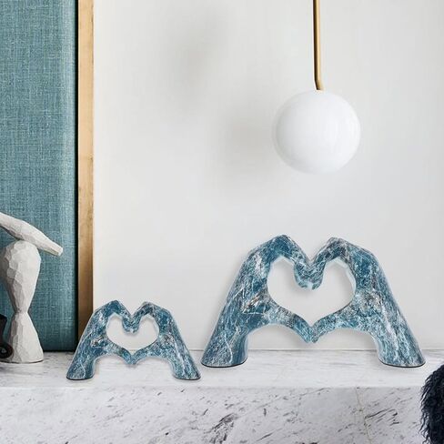 Heart Hands Sculpture for Living Room Decor,Plated Blue Decor Love Finger Statue for Boho Wedding Decorations,Heart Gesture Ornaments Home Decor for Shelves,Console Decor 2Pcs in Saudi Arabia