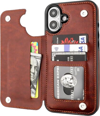 Compatible with iPhone 16 Plus Wallet Case with Card Holder, PU Leather Kickstand Card Slots Case, Double Magnetic Clasp and Durable Shockproof Cover 6.7 Inch (Brown) in Kuwait