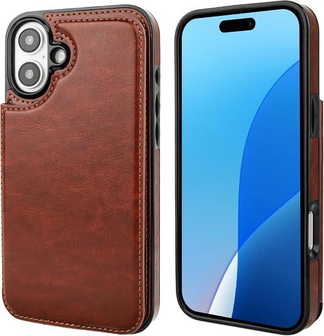 Compatible with iPhone 16 Plus Wallet Case with Card Holder, PU Leather Kickstand Card Slots Case, Double Magnetic Clasp and Durable Shockproof Cover 6.7 Inch (Brown) in Kuwait