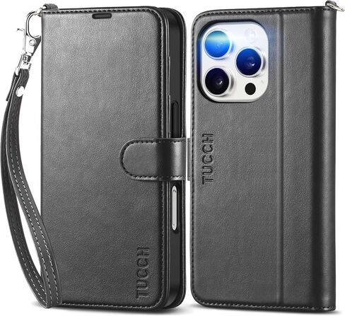 محفظة TUCCH لهاتف iPhone 16 Pro، [حزام المعصم] RFID تحجب 4 فتحات للبطاقات [غلاف TPU مقاوم للصدمات]، غطاء قلاب مغناطيسي من جلد البولي يوريثان متوافق مع iPhone 16 Pro، أسود مع معصم in Kuwait
