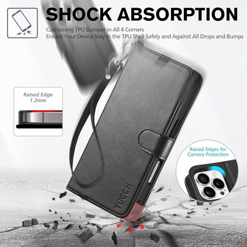 محفظة TUCCH لهاتف iPhone 16 Pro، [حزام المعصم] RFID تحجب 4 فتحات للبطاقات [غلاف TPU مقاوم للصدمات]، غطاء قلاب مغناطيسي من جلد البولي يوريثان متوافق مع iPhone 16 Pro، أسود مع معصم in Kuwait