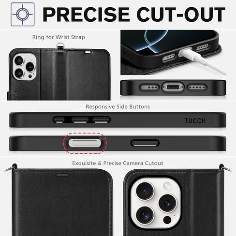 محفظة TUCCH لهاتف iPhone 16 Pro، [حزام المعصم] RFID تحجب 4 فتحات للبطاقات [غلاف TPU مقاوم للصدمات]، غطاء قلاب مغناطيسي من جلد البولي يوريثان متوافق مع iPhone 16 Pro، أسود مع معصم in Kuwait