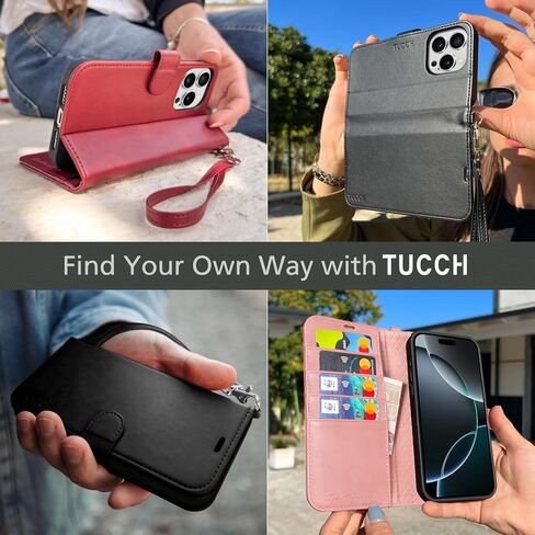 TUCCH Wallet Case for iPhone 16 Pro (6.3") 2024, 4 Card Holders, Black | RFID Blocking, Viewing Stand, Shockproof TPU Shell, PU Leather, Magnetic Closure, Protective Folio Flip Cover in Kuwait