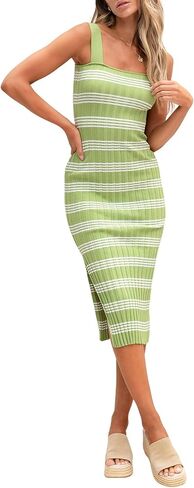 فستان HDLTE نسائي بدون أكمام مخطط متوسط ​​الطول ورقبة مربعة وفتحة جانبية بدون أكمام فساتين سترة مضلعة in Kuwait