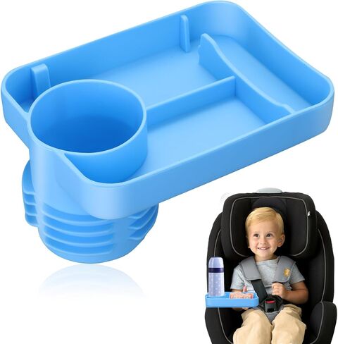 Car Seat Cup Holder Snack Tray - Silicone Travel Tray for Car Seat with Expandable Base for Fruit, Toys, Books Essentials Fits Most Cup Holders Blue in Saudi Arabia