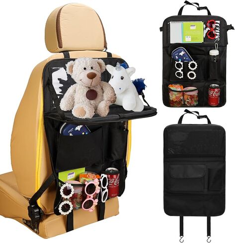 ENOCHT 600D منظم المقعد الخلفي للسيارة، منظم تخزين السيارة المقاوم للماء مع صينية السيارة 7 جيوب تخزين، واقي المقعد الخلفي للأطفال، منظم ملحقات السفر باللون الأسود (أسود-عبوة واحدة) in Kuwait